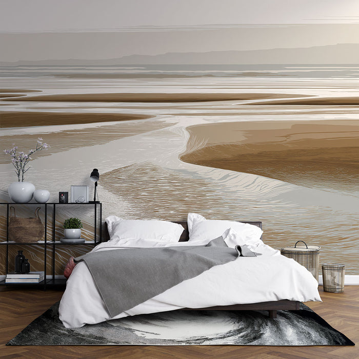 Une chambre moderne avec un papier peint représentant un paysage côtier aux teintes beige et grises, créant une ambiance apaisante et naturelle.
