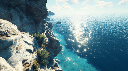 Papier peint paysage côtier Vue apaisante sur mer et rochers ensoleillés