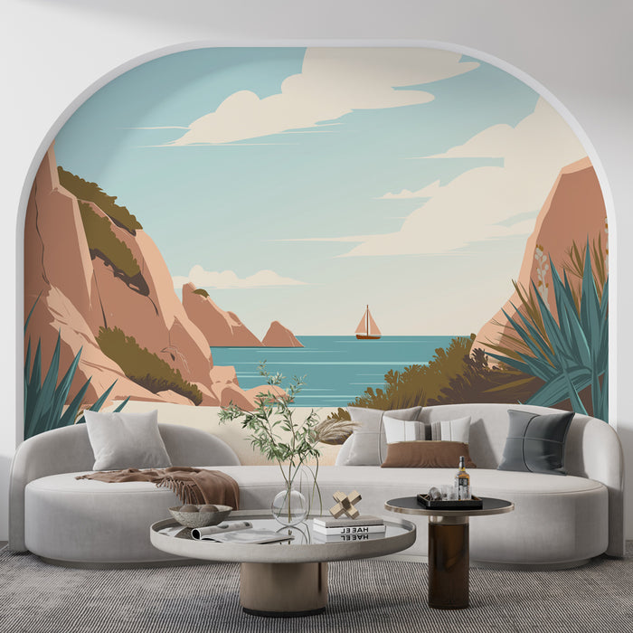 Un salon contemporain avec un papier peint illustrant un paysage côtier apaisant, mêlant des teintes douces de bleu, beige et vert, évoquant une ambiance sereine et estivale.