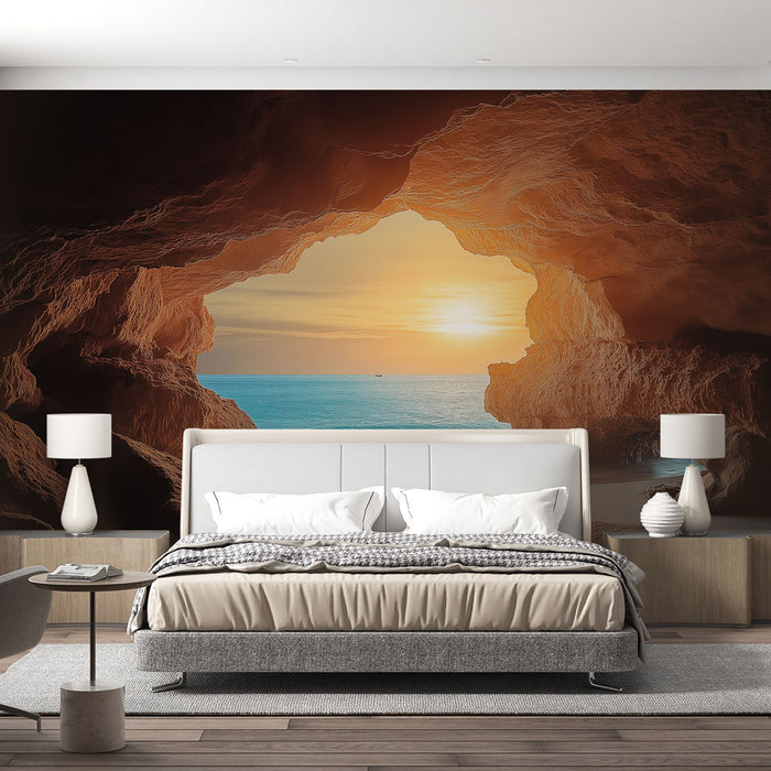 Papier peint paysage côtier avec vue d'une grotte sur la mer au coucher du soleil pour chambre moderne