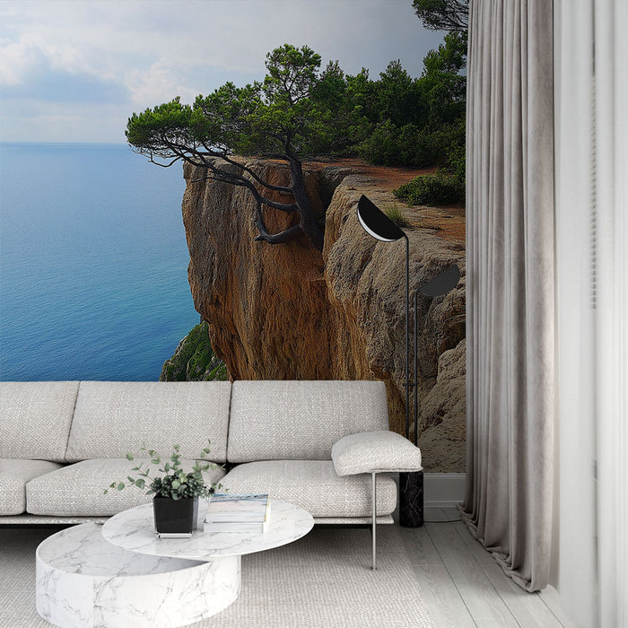 Papier peint paysage côtier avec vue panoramique sur une falaise surplombant la mer pour salon moderne.
