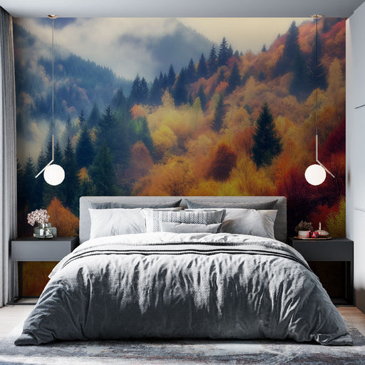 Papier peint paysage d'automne avec montagnes colorées et feuillages dorés et rouges pour chambre moderne