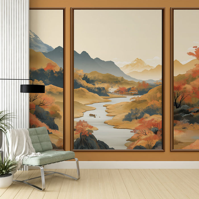 Une pièce de vie contemporaine avec un papier peint mural représentant un paysage asiatique aux teintes chaudes et automnales, évoquant sérénité et harmonie.