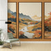 Une pièce de vie contemporaine avec un papier peint mural représentant un paysage asiatique aux teintes chaudes et automnales, évoquant sérénité et harmonie.