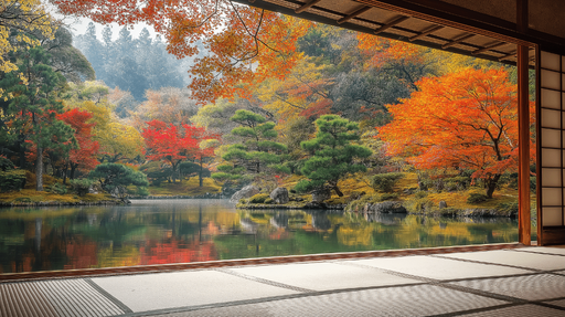 Papier peint paysage d'automne Vue panoramique sur un jardin japonais avec des arbres colorés