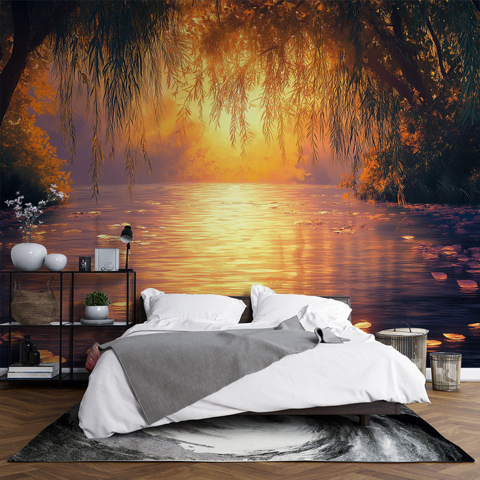 Une chambre apaisante avec un papier peint représentant un paysage de coucher de soleil sur un lac, aux teintes dorées et orangées, évoquant une atmosphère sereine et chaleureuse.