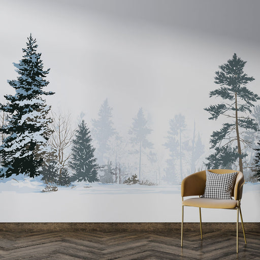 Une pièce contemporaine avec un papier peint représentant une forêt enneigée aux teintes froides, créant une atmosphère paisible et hivernale.