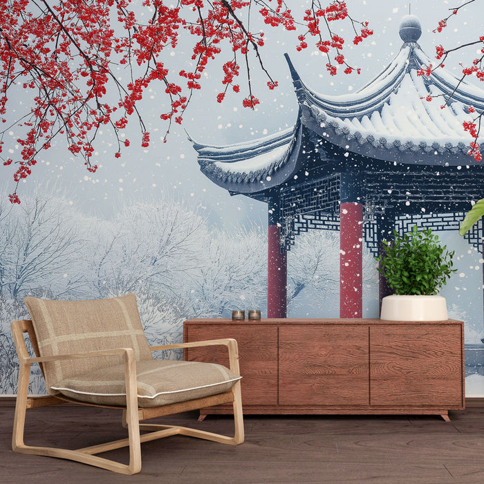 Une pièce moderne avec un papier peint représentant un paysage hivernal apaisant, avec un pavillon asiatique sous la neige et des fleurs rouges éclatantes.