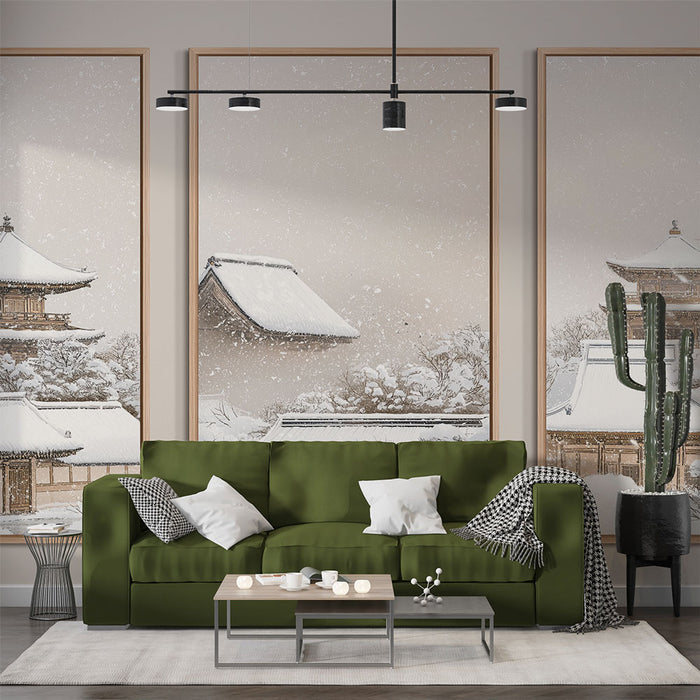 Un salon moderne avec un papier peint représentant un paysage d'hiver apaisant, illustrant des maisons traditionnelles sous la neige dans des teintes douces et délicates.