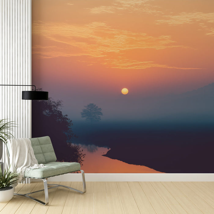 Une chambre moderne avec un papier peint représentant un lever de soleil dans des teintes douces d'orange et de bleu, créant une atmosphère sereine et apaisante.