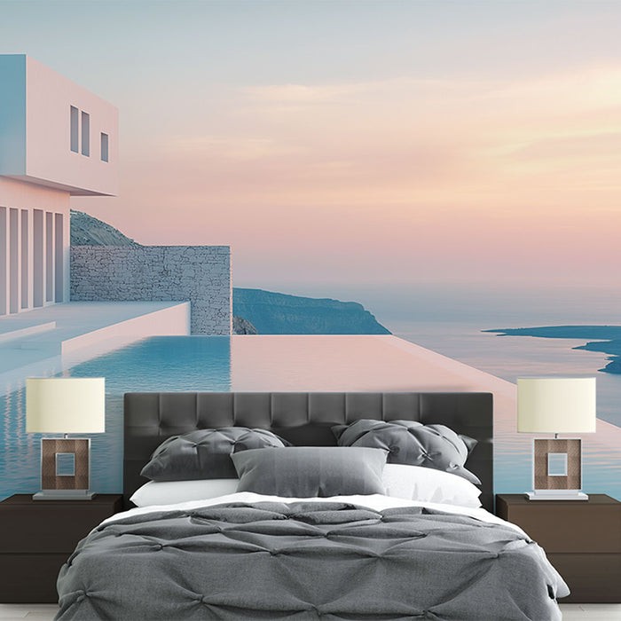 Une chambre moderne avec un papier peint représentant un paysage marin apaisant aux teintes pastel évoquant une atmosphère sereine et relaxante.