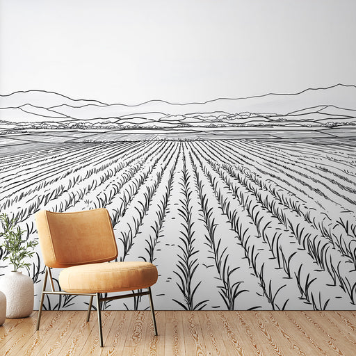 Papier peint paysage de campagne avec graphisme minimaliste de champs et montagnes pour salon moderne.