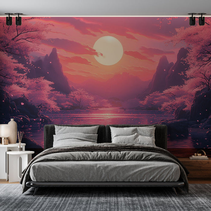 Une chambre moderne avec un papier peint représentant un paysage de montagnes roses et un soleil levant, créant une ambiance paisible et rêveuse.
