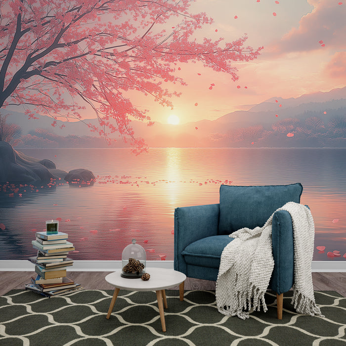 Une pièce de vie accueillante avec un papier peint représentant un paysage serein au coucher de soleil, orné de cerisiers en fleurs et de reflets apaisants sur l'eau.