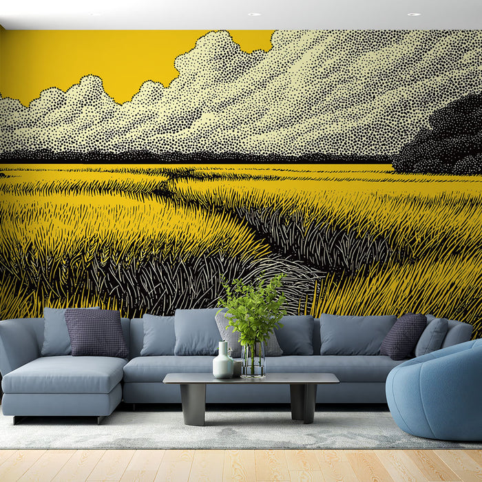 Un salon contemporain avec un papier peint illustrant un paysage champêtre en jaune et noir, créant une ambiance dynamique et artistique.