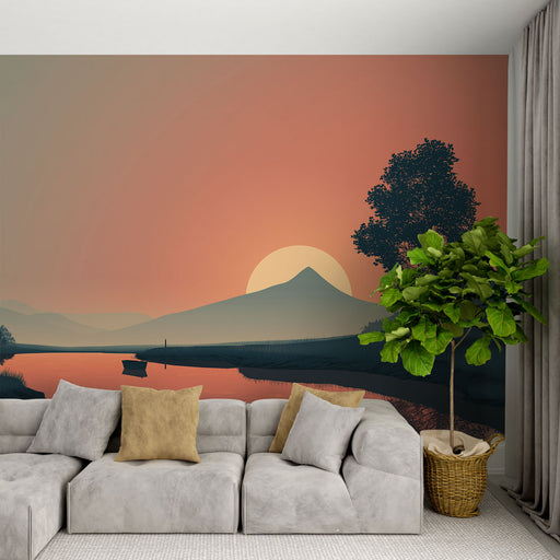 Une pièce moderne avec un papier peint représentant un paysage serein au coucher de soleil, avec des montagnes et un reflet apaisant sur l'eau.