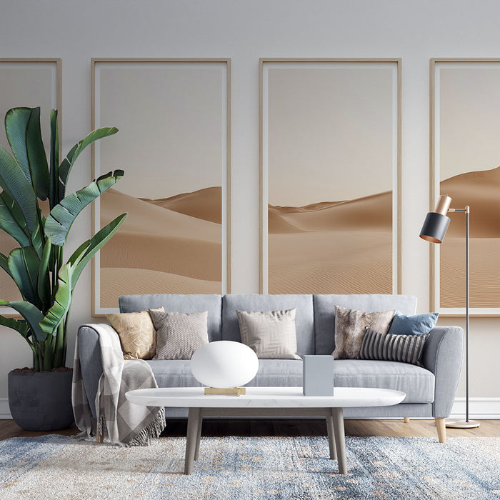 Une pièce moderne avec un papier peint représentant des dunes de sable aux teintes beiges, créant une atmosphère apaisante et naturelle.