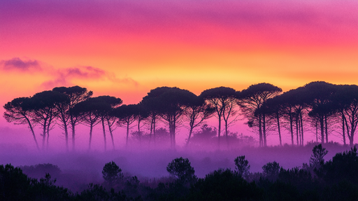 Papier peint paysage de forêt au crépuscule Silhouettes d'arbres dans un brouillard rose et violet