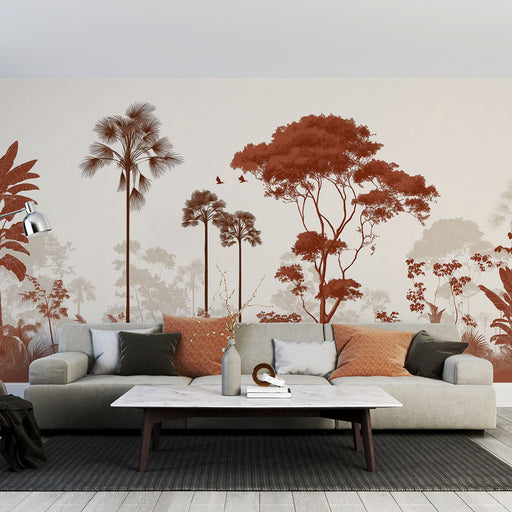 Un salon moderne avec un papier peint tropical aux teintes rouges et beiges représentant des silhouettes d'arbres et de palmiers, créant une ambiance chaleureuse et apaisante.