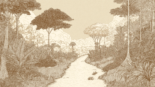 Papier peint paysage de jungle Une illustration délicate des arbres et d'un ruisseau paisible