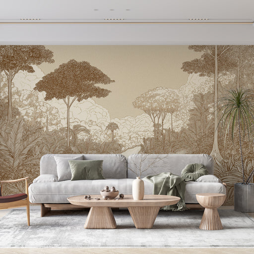 Un salon moderne avec un papier peint illustrant une forêt tropicale en nuances de beige et marron, créant une atmosphère chaleureuse et naturelle.
