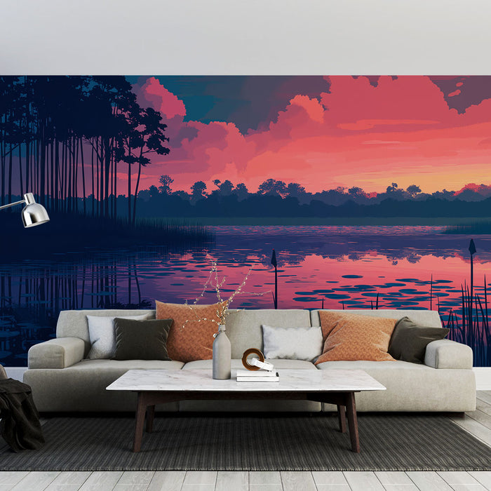 Un salon contemporain avec un papier peint représentant un paysage aquatique aux teintes roses et bleues, créant une ambiance sereine et poétique.
