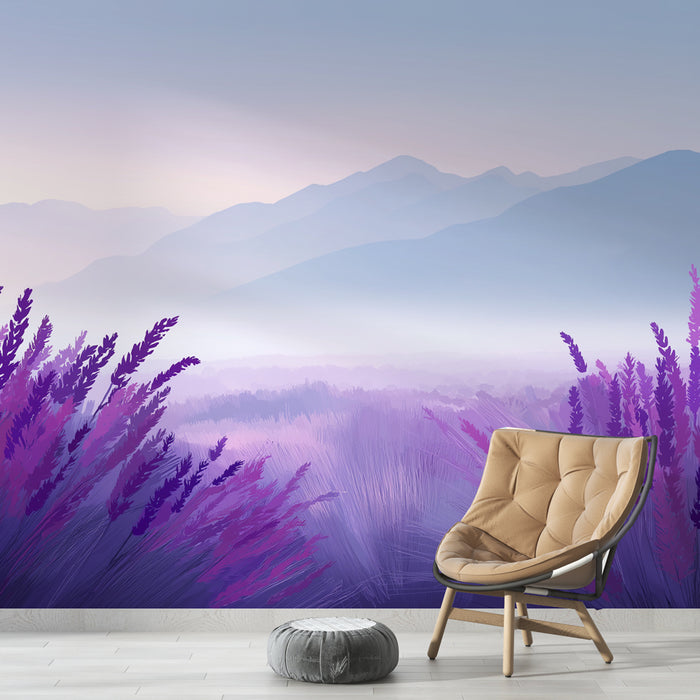 Une chambre moderne avec un papier peint représentant un paysage de montagnes et de champs violets, créant une atmosphère apaisante et rêveuse.