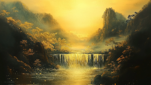 Papier peint paysage de montagne Cascade dorée au sein d'une vallée brumeuse