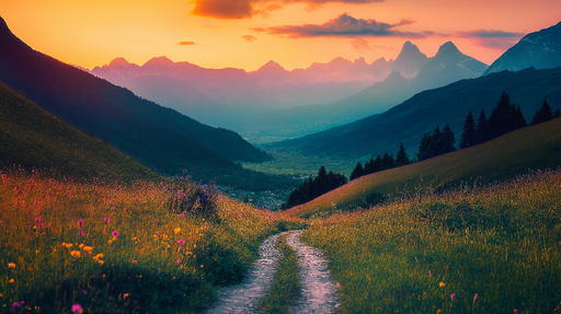 Papier peint paysage de montagne Chemin sinueux à travers une vallée colorée au coucher du soleil