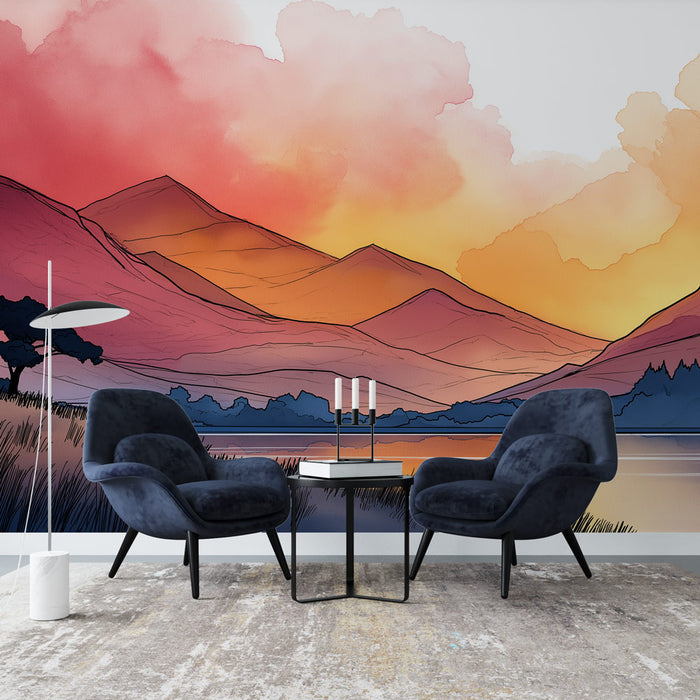 Une pièce moderne avec un papier peint illustrant des montagnes aux teintes chaudes de rose et orange, créant une atmosphère sereine et artistique.