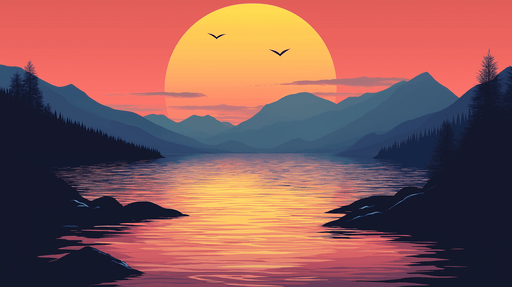 Papier peint paysage de montagne Coucher de soleil vibrant sur un lac paisible