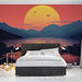Une chambre moderne avec un papier peint représentant un paysage de coucher de soleil aux teintes chaudes, évoquant sérénité et évasion.