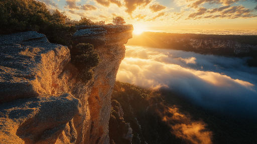 Papier peint paysage de montagne Éclat du soleil sur un sommet rocheux au-dessus des nuages