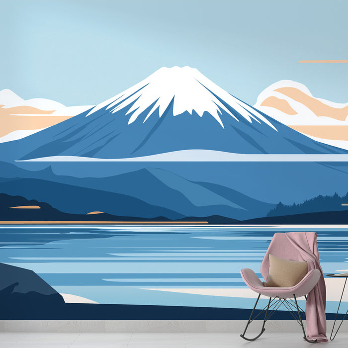 Une pièce moderne avec un papier peint illustrant un paysage montagneux stylisé en dégradés de bleus, évoquant une atmosphère sereine et apaisante.