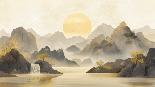 Papier peint paysage de montagne Montagnes brumeuses et soleil doré