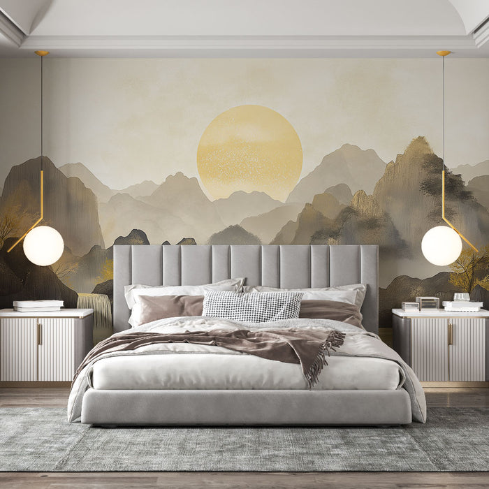 Une chambre élégante avec un papier peint représentant des montagnes sous un grand soleil doré, créant une ambiance apaisante et naturelle.