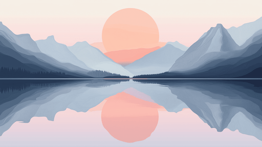 Papier peint paysage de montagne Montagnes douces avec coucher de soleil pastel et reflet sur l'eau