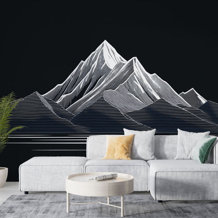 Un salon moderne avec un papier peint représentant des montagnes stylisées en lignes blanches sur fond noir, créant une ambiance à la fois élégante et apaisante.