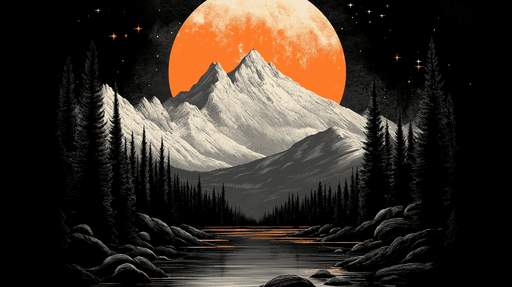 Papier peint paysage de montagne Montagnes majestueuses sous une lune orange