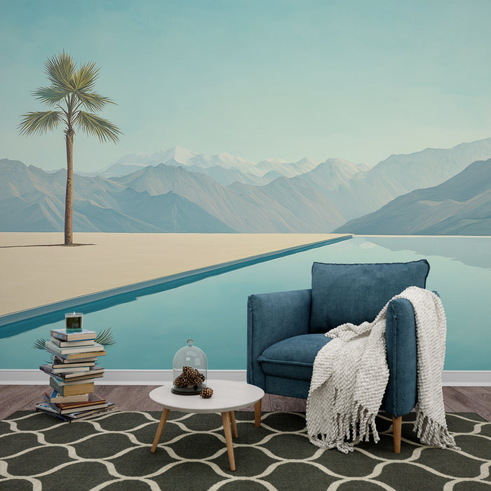 Un salon moderne avec un papier peint représentant un paysage minimaliste de montagnes et une palme, évoquant une atmosphère sereine et apaisante.