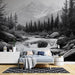 Papier peint paysage montagne noir et blanc avec ruisseau et sommets majestueux pour chambre moderne