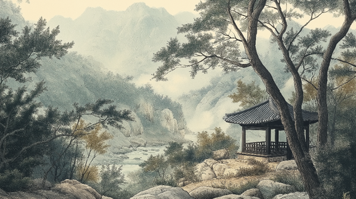 Papier peint paysage de montagne Scène paisible d'une pagode dans un environnement naturel