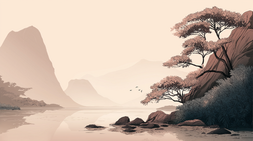 Papier peint paysage de montagne Sérénité au bord de l'eau avec des arbres élégants