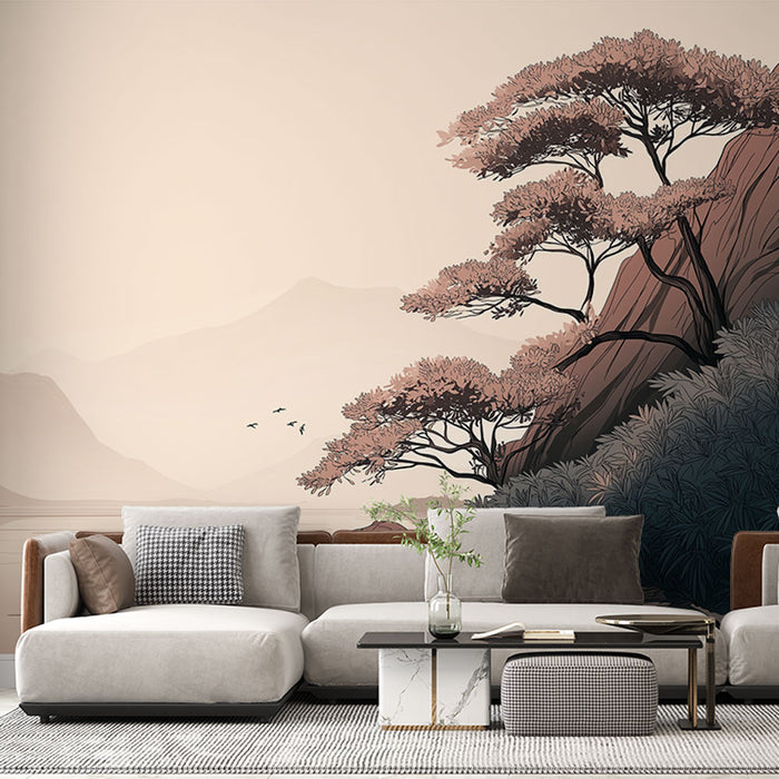 Un salon moderne avec un papier peint représentant des paysages montagneux et des arbres stylisés aux teintes douces, créant une atmosphère apaisante et naturelle.