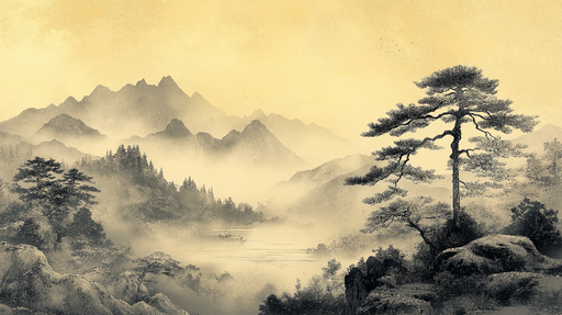 Papier peint paysage de montagne Une sérénité mélancolique dans des tons de jaune et noir