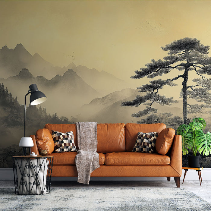 Une pièce de salon élégante avec un papier peint représentant des montagnes en dégradé de beige et noir, créant une atmosphère sereine et contemplative.