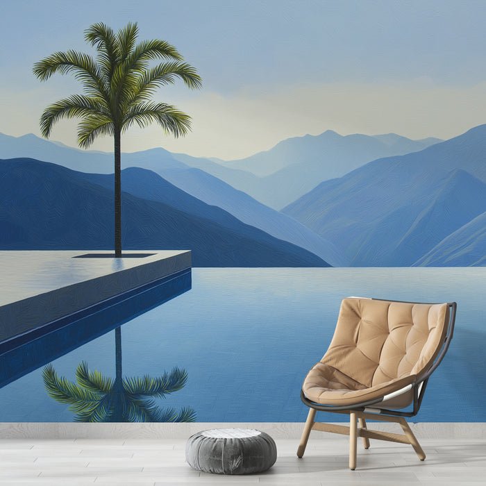Une salle de séjour contemporaine avec un papier peint représentant un paysage montagneux bleu apaisant, agrémenté d'un palmier, créant une atmosphère sereine et relaxante.