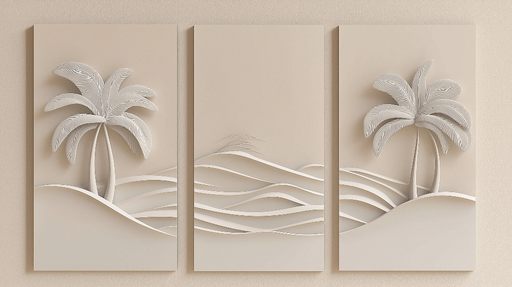 Papier peint paysage de palmier imitation tableau Élégante composition en relief avec des palmiers et des vagues stylisées