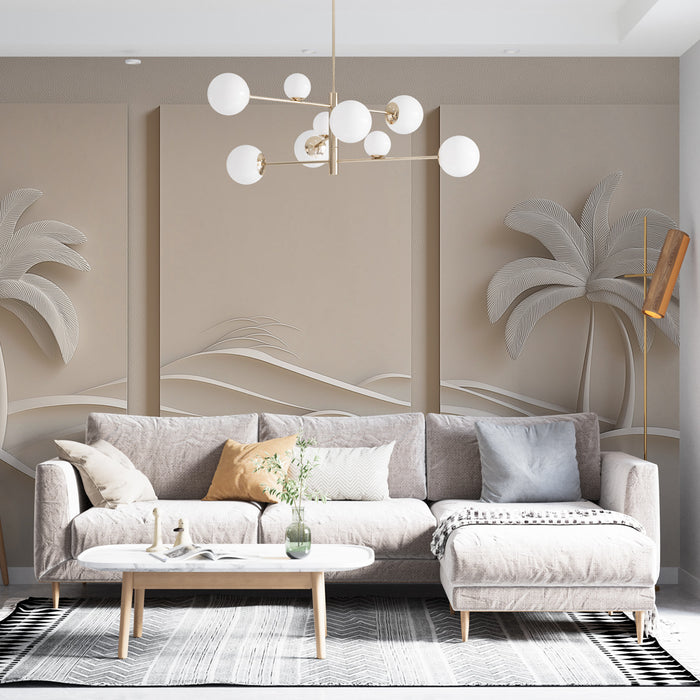 Un salon moderne avec un papier peint beige texturé représentant des palmiers stylisés et des ondulations, créant une atmosphère apaisante et élégante.
