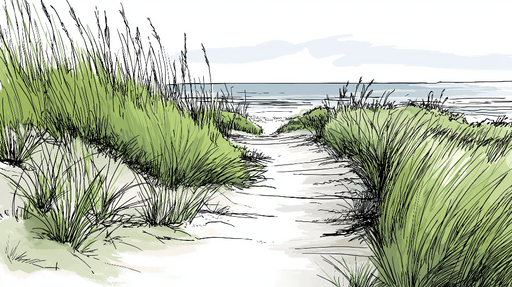 Papier peint paysage de plage Chemin sablonneux bordé d'herbes maritimes